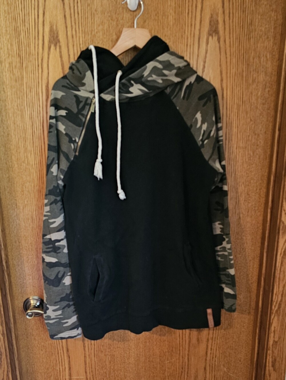 Women's Black Double Hoodie with Camo Sleeves